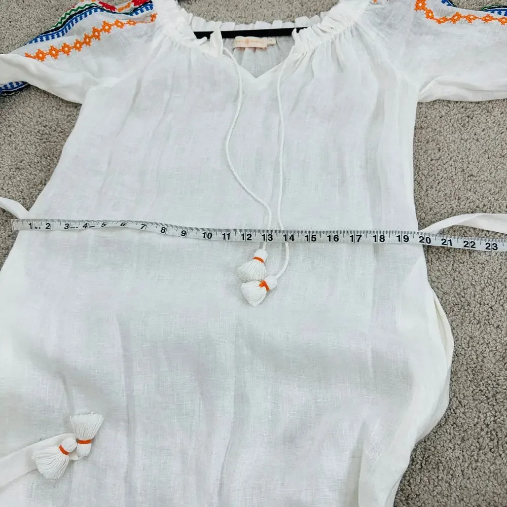 Tory Burch Embroidered Split Neck Long Sleeve Peasant Dress belted Women's Small